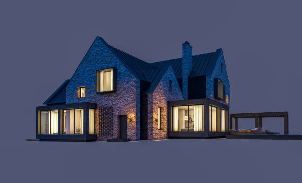 istock 3d rendering of modern clinker house on the ponds with pool in night isolated on gray 1152811454