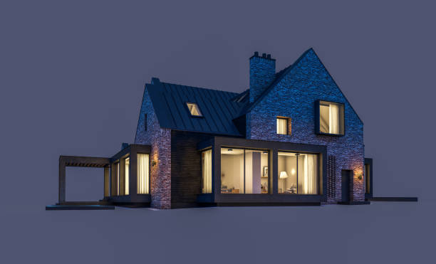 istock 3d rendering of modern clinker house on the ponds with pool in night isolated on gray 1152811478