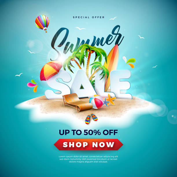 Summer Sale Design with Beach Ball and Exotic Palm Tree on Tropical Island Background. Vector Special Offer Illustration with Holiday Elements for Coupon, Voucher, Banner, Flyer, Promotional Poster, Invitation or greeting card. vector art illustration