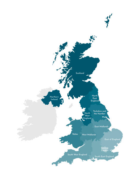 ilustrações de stock, clip art, desenhos animados e ícones de vector isolated illustration of simplified administrative map of the united kingdom of great britain and northern ireland. borders and names of the regions. colorful blue khaki silhouettes - midlands