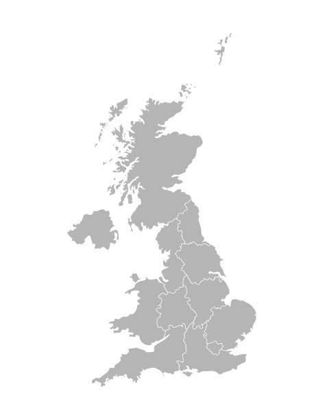 Vector isolated illustration of simplified administrative map of the United Kingdom of Great Britain and Northern Ireland. Borders of the provinces regions. Grey silhouettes. White outline Vector isolated illustration of simplified administrative map of the United Kingdom of Great Britain and Northern Ireland. Borders of the provinces regions. Grey silhouettes. White outline. midlands england stock illustrations