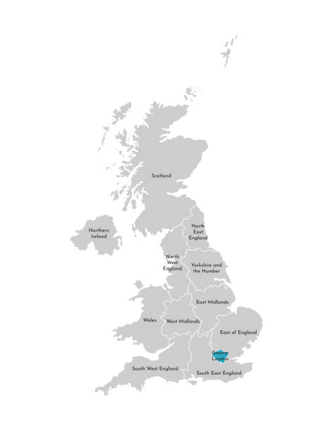 ilustrações, clipart, desenhos animados e ícones de vector a ilustração isolada do mapa administrativo simplificado do reino unido (reino unido). forma azul da grande londres. fronteiras e nomes das regiões. silhuetas cinzentas. esboço branco - greater london illustrations