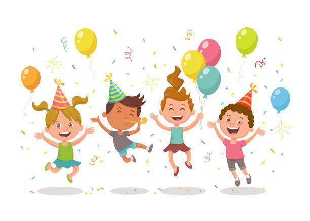 Group of kids celebrating a party Happy kids celebrating a party with balloons, party hats and confetti. Happy birthday concept. Cartoon character design isolated on white background. Birthday  for Kids stock illustrations