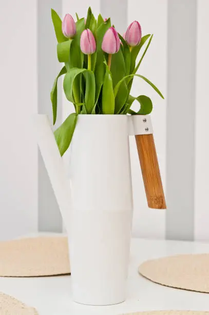 A white modern kettle shaped flower vase on the kitchen table with fresh tulip flowers.