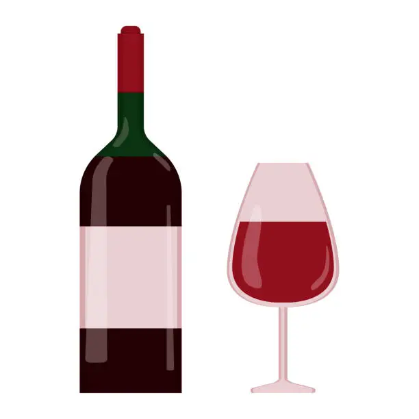 Vector illustration of A wine bottle and a glass of wine in flat syle. Bordeaux wine concept