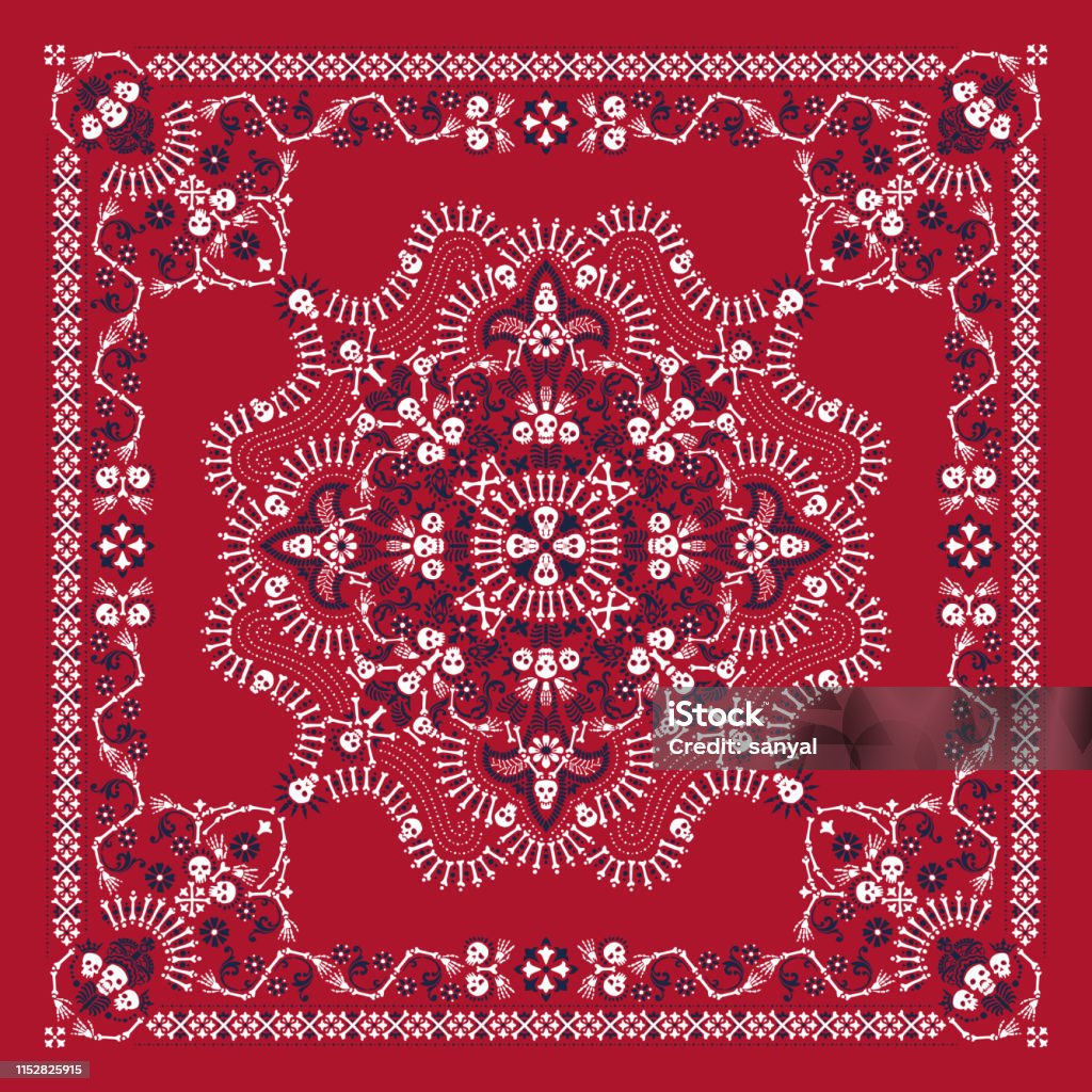 Vector ornament paisley, skulls and bones Bandana Print, fabric neck scarf or kerchief square pattern Pirate design style for print on textile Vector ornament paisley, skulls and bones Bandana Print, fabric neck scarf or kerchief square pattern design style for print on textile. Backgrounds stock vector