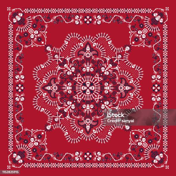 Vector Ornament Paisley Skulls And Bones Bandana Print Fabric Neck Scarf Or Kerchief Square Pattern Pirate Design Style For Print On Textile Stock Illustration - Download Image Now