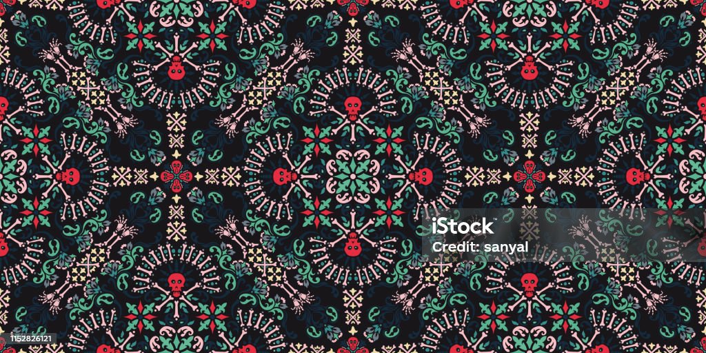 Vector seamless ornament paisley, skulls and bones Bandana Print, fabric neck scarf or kerchief square pattern Pirate design style for print on textile Vector ornament paisley, skulls and bones Bandana Print, fabric neck scarf or kerchief square pattern design style for print on textile. Bandana stock vector