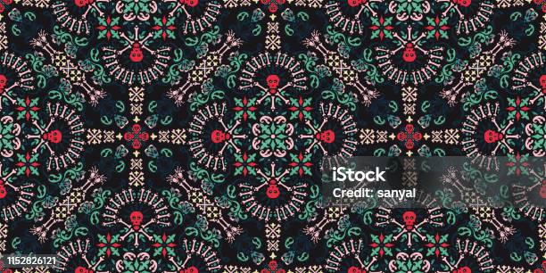 Vector Seamless Ornament Paisley Skulls And Bones Bandana Print Fabric Neck Scarf Or Kerchief Square Pattern Pirate Design Style For Print On Textile Stock Illustration - Download Image Now