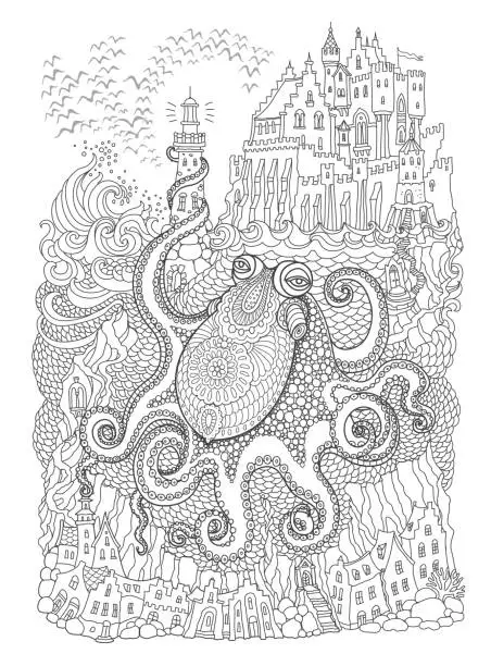 Vector illustration of Vector contour thin line illustration. Ornate giant octopus, sea waves, island, fairy tale castle, lighthouse. Black and white hand drawn sketch artwork. Adults coloring book page, tee shirt print