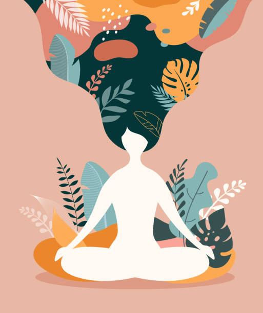 achtsamkeit, meditation und yoga-hintergrund in pastellfarbenen vintage-farben mit frauen sitzen mit gekreuzten beinen und meditieren. vektorabbildung - mind body stock-grafiken, -clipart, -cartoons und -symbole