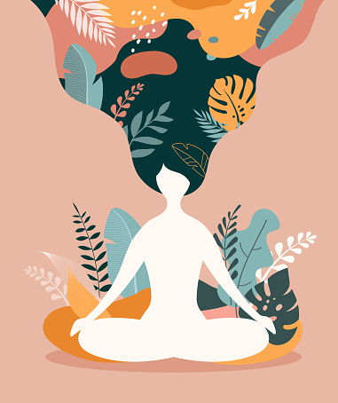 Mindfulness, meditation and yoga background in pastel vintage colors with women sit with crossed legs and meditate. Vector illustration