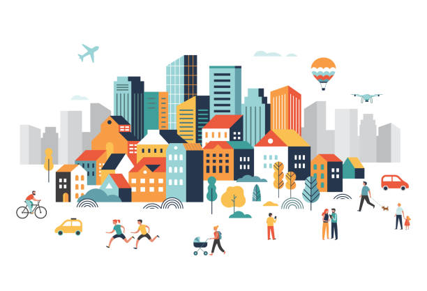 smart city, landschaft innenstadt mit vielen gebäuden, flugzeug fliegt in den himmel und die menschen laufen, laufen im park. vektorabbildung - city stock-grafiken, -clipart, -cartoons und -symbole