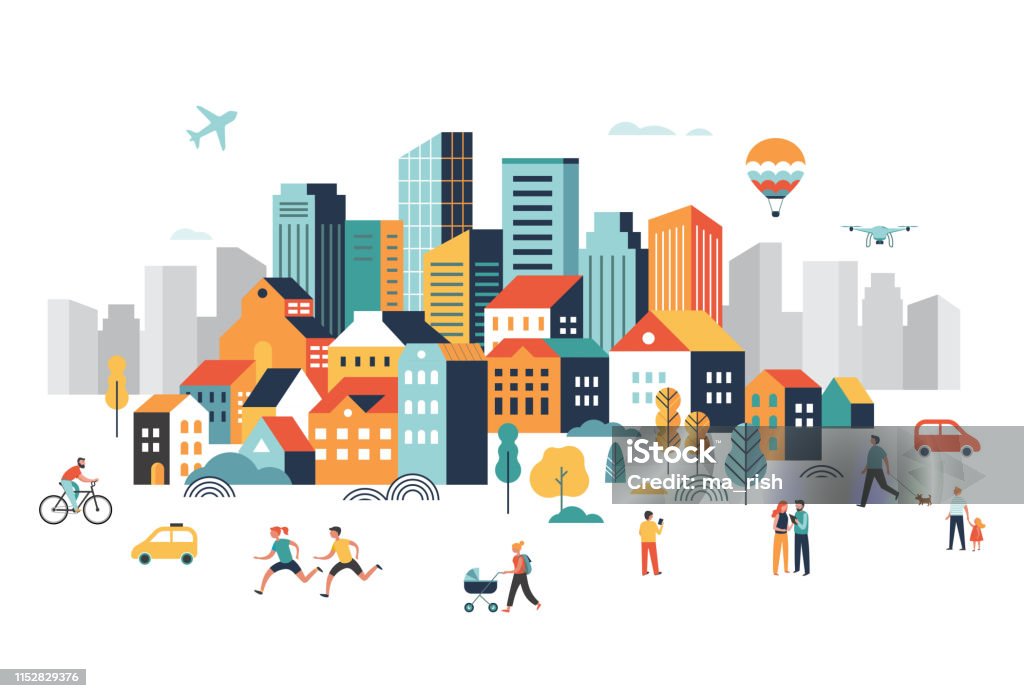 スマートシティは、多くの建物を持つ景観都市の中心部は、飛行機が空を飛んでいると公園で実行して、人々が歩いています。ベクターイラスト - 都市のロイヤリティフリーベクトルアート
