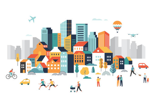 Smart city, landscape city center with many building, airplane is flying in the sky and people walking, running in park. Vector illustration Smart city, landscape city center with many building, airplane is flying in the sky and people walking, running in park. Vector illustration town illustrations stock illustrations