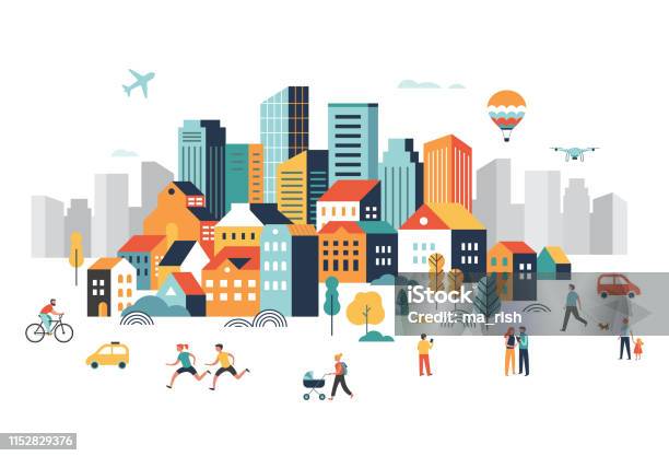 Smart City Landscape City Center With Many Building Airplane Is Flying In The Sky And People Walking Running In Park Vector Illustration Stock Illustration - Download Image Now