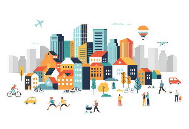 Vector illustration of Smart city, landscape city center with many building, airplane is flying in the sky and people walking, running in park. Vector illustration
