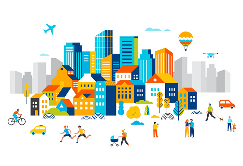 Smart city, landscape city centre with many building, airplane is flying in the sky and people walking, running in park. Vector illustrationSmart city, landscape city center with many building, airplane is flying in the sky and people walking, running in park. Vector illustration