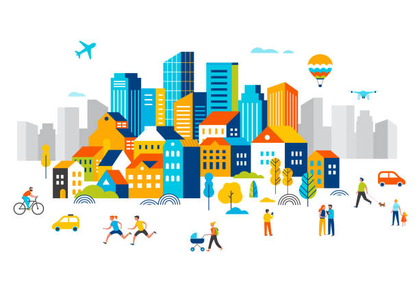 Smart city, landscape city centre with many building, airplane is flying in the sky and people walking, running in park. Vector illustration Smart city, landscape city centre with many building, airplane is flying in the sky and people walking, running in park. Vector illustrationSmart city, landscape city center with many building, airplane is flying in the sky and people walking, running in park. Vector illustration built structure illustrations stock illustrations