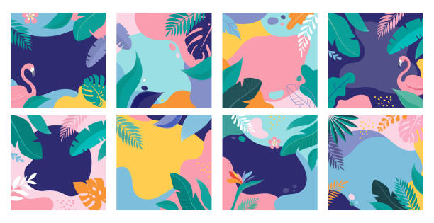 트로픽 나뭇잎과 플라밍고, 배너 및 현대적인 평면 스타일의 배경으로 여름 세일 포스터. 벡터 일러스트 - tropical rainforest illustrations stock illustrations