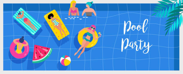 상위 뷰 비치 배경, 수영장 파티, 여름 물 활동, 작은 사람, 캐릭터, 우산, 공 및 아이 많이 장면. 벡터 배너, 포스터 디자인 - swimming trunks swimwear clothing beach stock illustrations