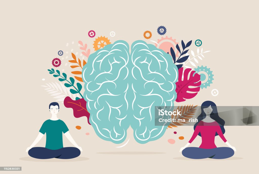 Młoda kobieta i mężczyzna siedzą ze skrzyżowanymi nogami i medytują z ikoną mózgu na tle. Ilustracja wektorowa - Grafika wektorowa royalty-free (Zdrowie psychiczne)