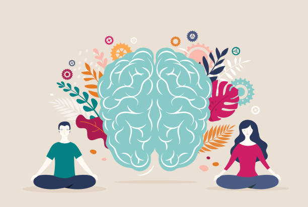 Young woman and man sit with crossed legs and meditate with brain icon on the background. Vector illustration Young woman and man sit with crossed legs and meditate with brain icon on the background. Vector illustration mental wellbeing stock illustrations