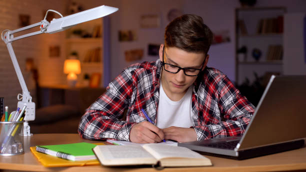 istock Young boy writing summary preparing for test making project in college education 1152831242