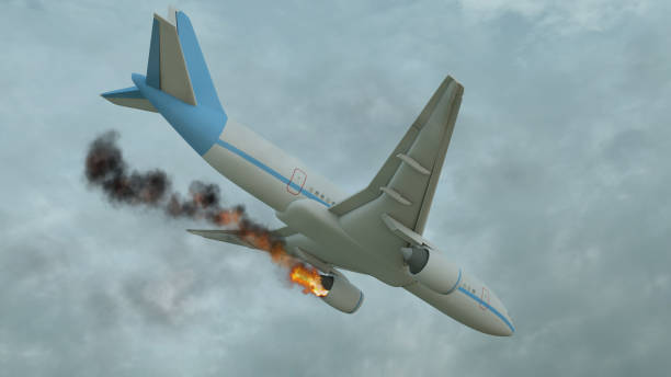 istock Burning white aircraft in the sky before crashing down. 3D illustration 1152834456
