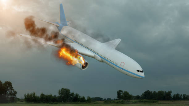 istock Burning white aircraft in the sky before crashing down. 3D illustration 1152834478