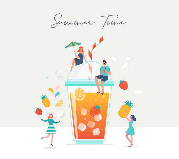 ilustrações de stock, clip art, desenhos animados e ícones de summer scene, group of people, family and friends having fun against the huge glass of juice, fruit smoothie, surfing, swimming in the pool, drinking cold beverage, playing on the beach - summer party drink umbrella concepts