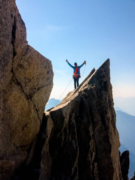 istock Reaching the summit. Happy man standing on the mountain top 1152834594