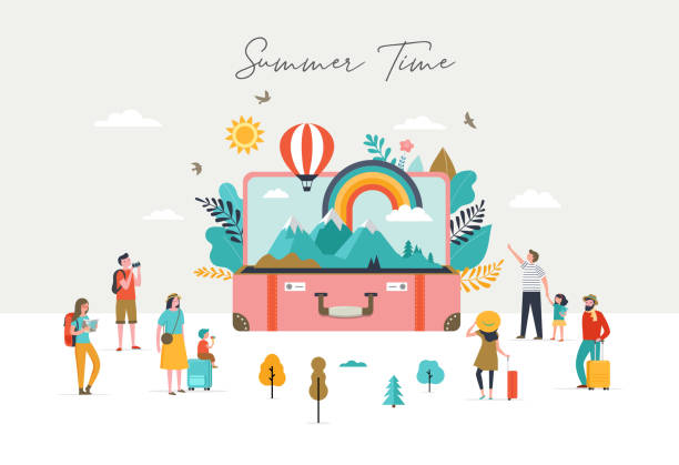 Summer scene, group of people, family and friends having fun against the huge open suitcase with travel scene, mountains, nature, rainbow and air balloon Summer scene, group of people, family and friends having fun against the huge open suitcase with travel scene, mountains, nature, rainbow and air balloon family vacations stock illustrations