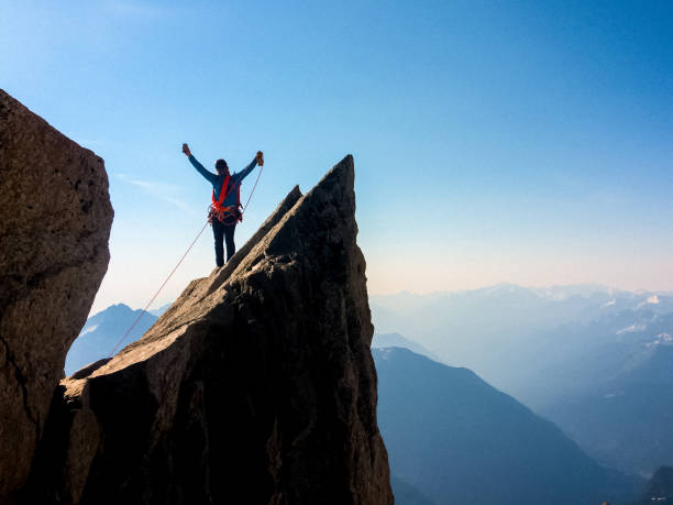 istock Reaching the summit. Happy man standing on the mountain top 1152834649