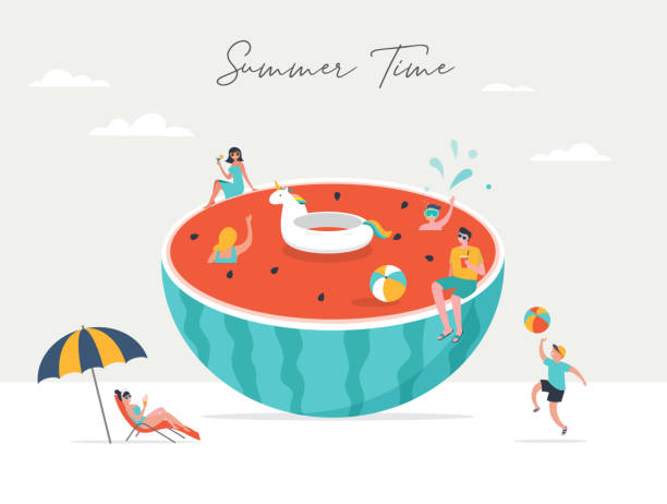 illustrations, cliparts, dessins animés et icônes de scène d’été, groupe de personnes, famille et amis s’amuser contre l’énorme watermellon, surfung, nager dans la piscine, boire une boisson fraîche, jouer sur la plage - swimming trunks illustrations