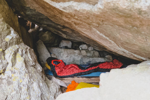 istock Camping equipment. Night in mountain cave 1152834770