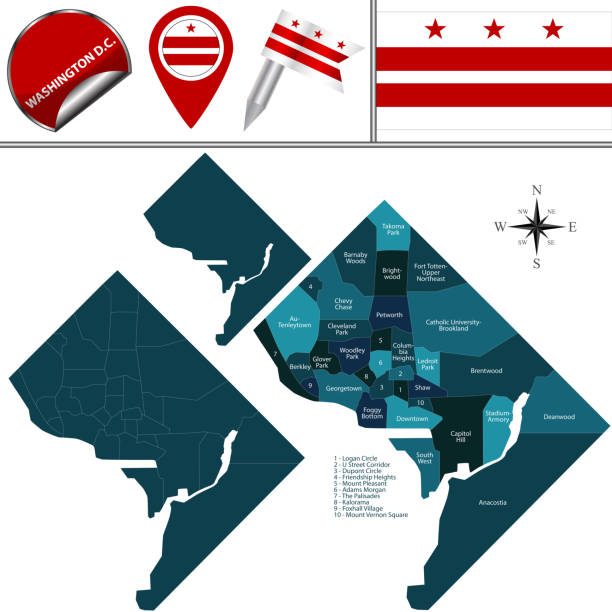 ilustrações de stock, clip art, desenhos animados e ícones de map of washington dc with districts - washington dc