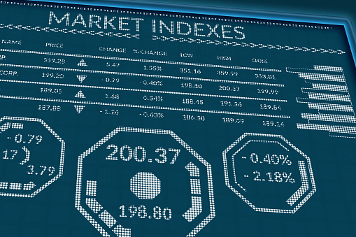Stock market indexes or forex trade data on pixels screen. Perspective view of display monitor or information table with graphs, charts, indexes, diagrams and symbols. Close up macro business concept