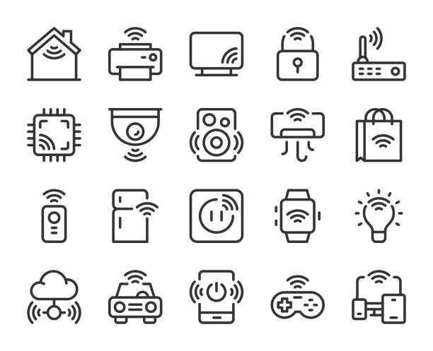 ilustrações, clipart, desenhos animados e ícones de internet das coisas-ícones da linha - electrical equipment computer icon symbol electronics industry