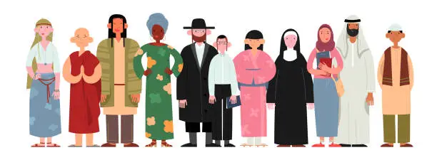 Vector illustration of People of different religions and cultures as well as different skin colors standing together on white background.