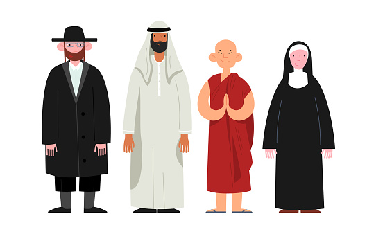People of various religious denominations. Smiling characters in religious clothing. Judaism, Islam, Buddhism and Christianity.