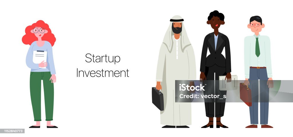 Startup investing. Startup investing. A group of characters depicting startupers and investors who are ready to finance the project. Characters stock vector