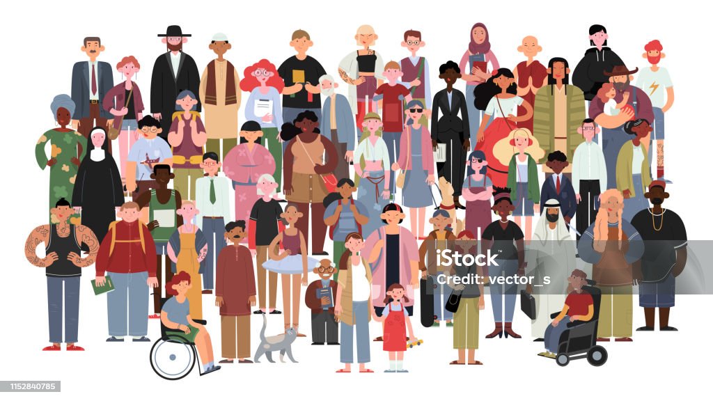 Socially diverse multicultural and multiracial people on an isolated white background. Socially diverse multicultural and multiracial people on an isolated white background. Happy old and young women and men with children, as well as people with disabilities standing together. Multiracial Group stock vector