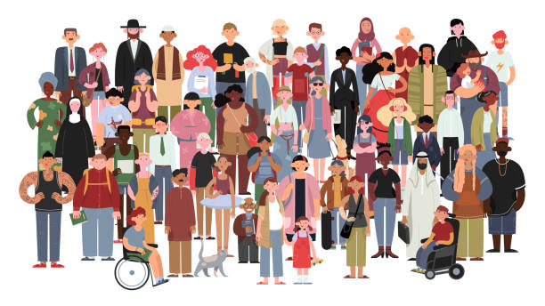 Socially diverse multicultural and multiracial people on an isolated white background. Socially diverse multicultural and multiracial people on an isolated white background. Happy old and young women and men with children, as well as people with disabilities standing together. disabled adult stock illustrations