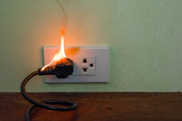istock On fire electric wire plug Receptacle wall partition,Electric short circuit failure resulting in electricity wire burnt 1152841004