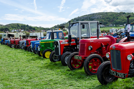 Llandudno, UK - May 6, 2019: The Llandudno Transport Festival 2019 saw a large turnout of vintage and retro agricultural tractors. Llantransfest is held alongside the annual Victorian Extravaganza.