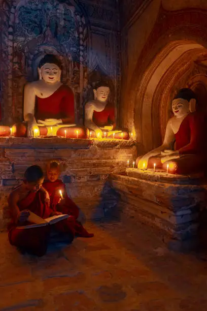 Young buddhist monks in Bagan, Myanmar