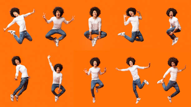 istock Set of jumping black guy in air 1152843041