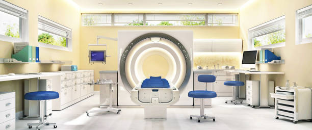 mrt-maschine im krankenhausraum. inneneinrichtung des krankenhauses - medical equipment mri scanner hospital mri scan stock-fotos und bilder