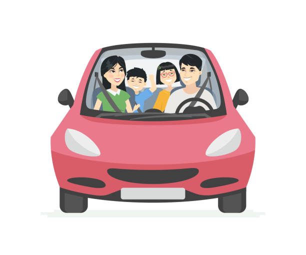 Chinese family on a trip - cartoon people character vector illustration Chinese family on a trip - cartoon people character vector illustration on white background. A composition with young smiling parents with two cheerful children, boy and girl sitting in a red car family in car stock illustrations